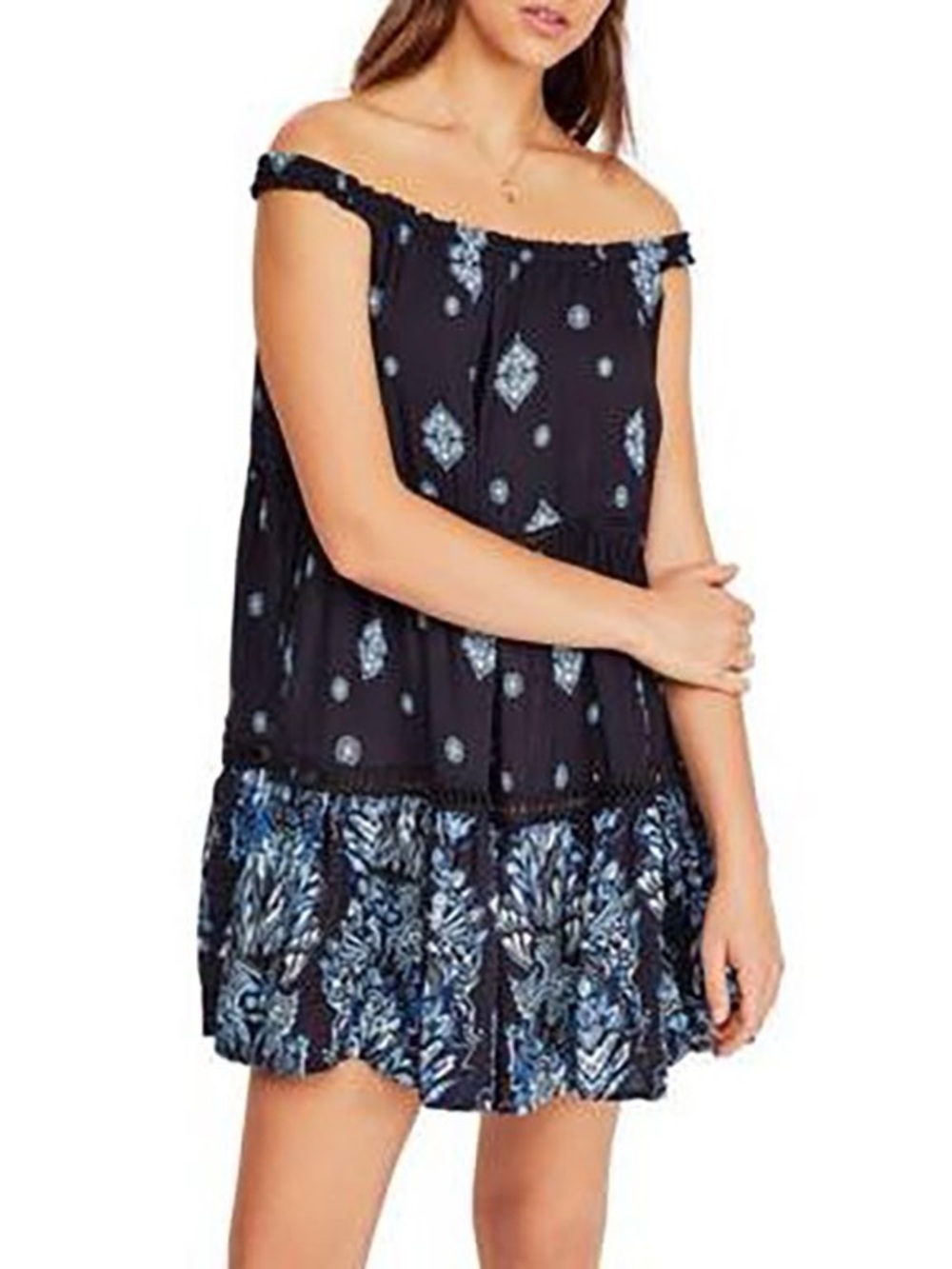 NWT $88 Free People Talk To Me Trapeze Dress Black/Blue Floral XS boho paisley